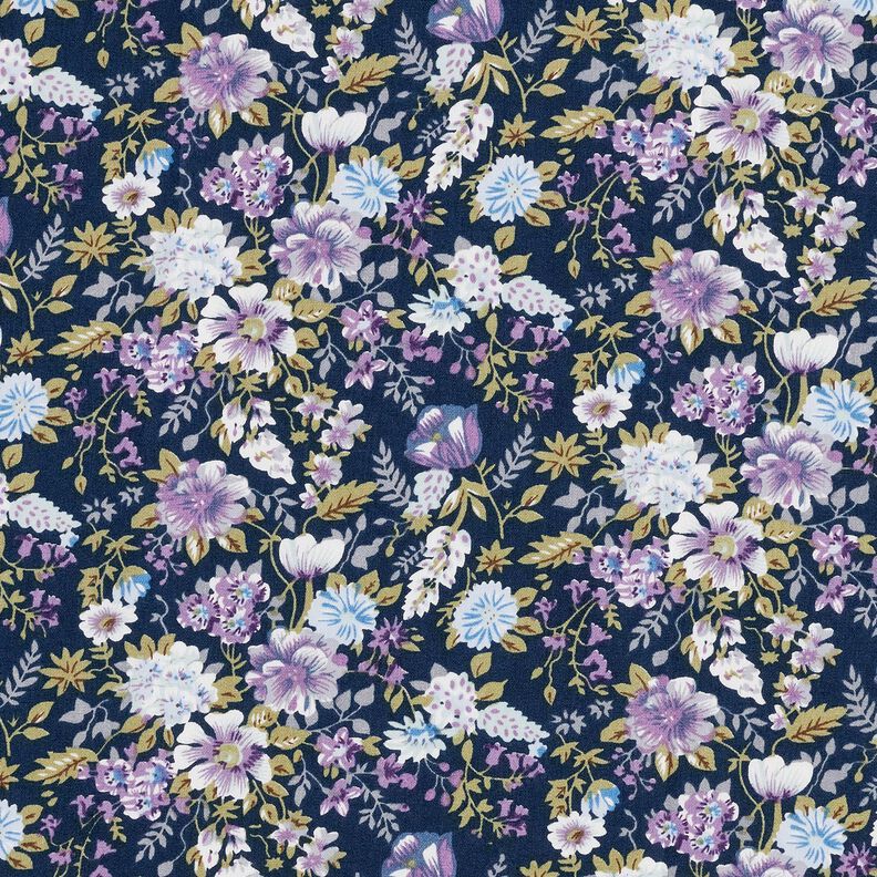 Baumwollpopeline romantische Blumenwiese – marineblau/lavendel, image number 1