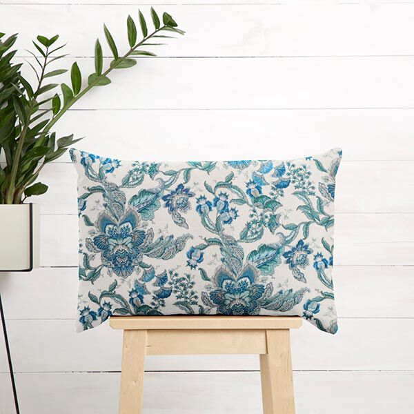 Dekostoff Canvas orientalische Blumenornamente 280 cm – weiss/blau | Reststück 50cm