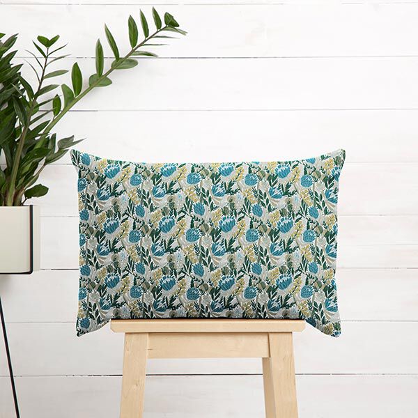 Baumwollstoff Cretonne Blumenwiese – weiss/hellpetrol | Reststück 100cm