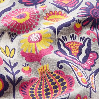 French Terry Sommersweat Folklore Blumenwiese – silbergrau/pink, 