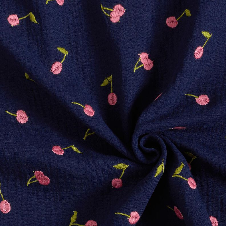 Musselin/ Doppel-Krinkel Gewebe gestickte Kirschen | Poppy Fabrics – nachtblau/rosa,  image number 3