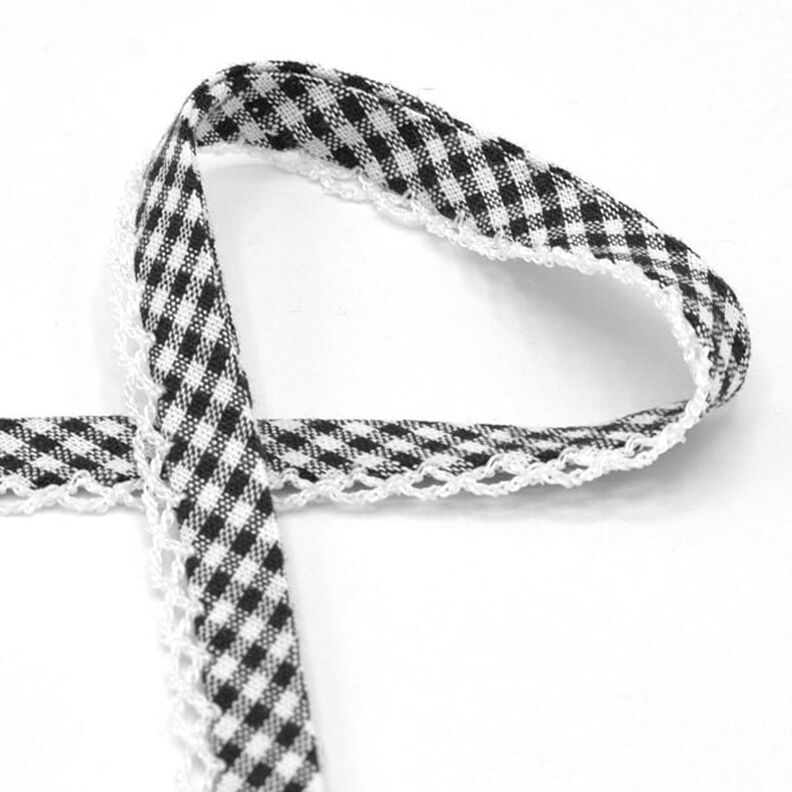 Schrägband Vichykaro mit Häkelborte [20 mm] – schwarz,  image number 1