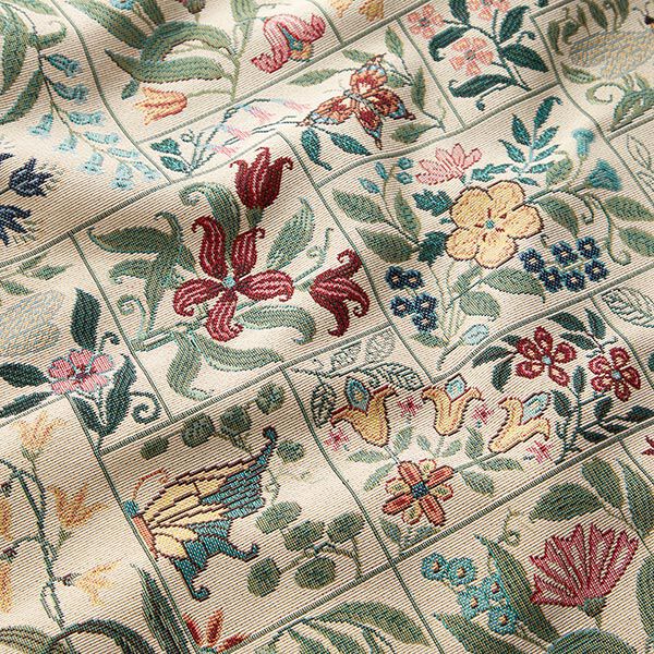 Dekostoff Gobelin Blumen-Kacheln – hellbeige