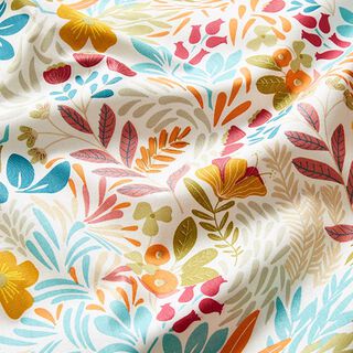 Beschichtete Baumwolle bunte Blumen – weiss/aquablau, 
