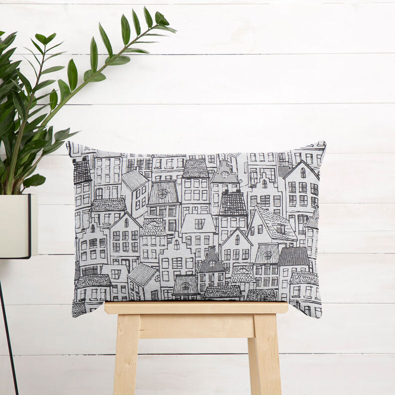 Dekostoff Jacquard Dorf in Linien-Kunst – schwarz/weiss,  image number 7