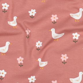 Baumwolljersey Gänse auf der Blumenwiese | Poppy Fabrics – dunkelaltrosa/weiss, 