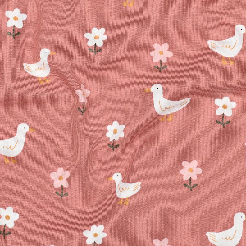 Baumwolljersey Gänse auf der Blumenwiese | Poppy Fabrics – dunkelaltrosa/weiss, image number 2