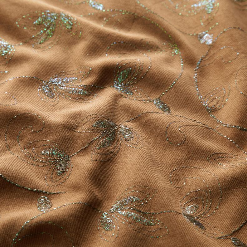 Feincord Glitzerstickerei Blumen – hellbraun,  image number 2