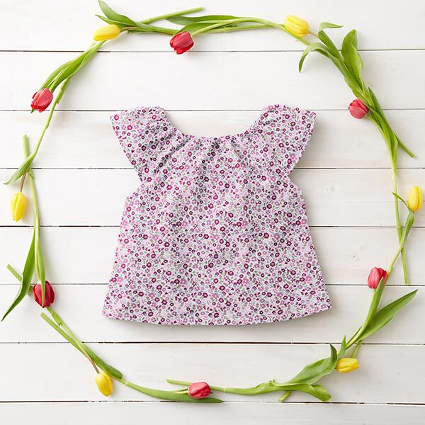 Baumwollpopeline zarte Blumenwiese – wollweiss/purpur | Reststück 50cm