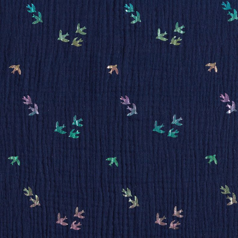 Musselin/ Doppel-Krinkel Gewebe Schwalben Foliendruck | Poppy Fabrics – nachtblau/farbmix,  image number 1