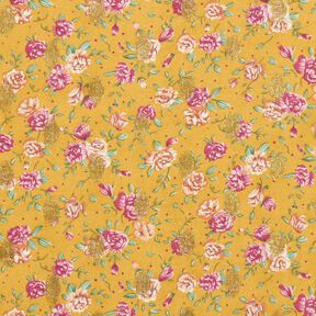Crêpe Chiffon Blumen und Goldpunkte – currygelb, 