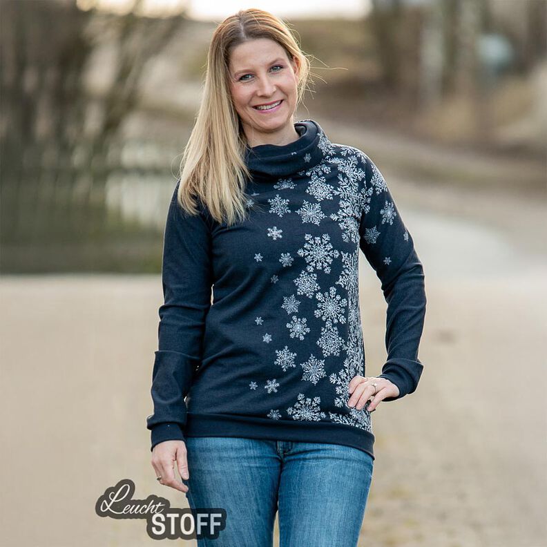 French Terry Sommersweat Eisblumen Bordürenstoff | Glitzerpüppi – nachtblau/weiss, image number 6