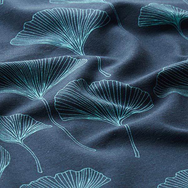 Baumwolljersey Ginkgoblätter – marineblau | Reststück 100cm