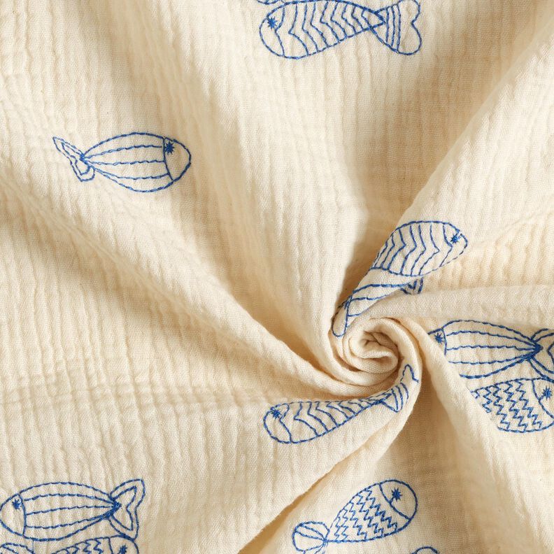 Musselin/ Doppel-Krinkel Gewebe gestickte Fische | Poppy Fabrics – wollweiss/königsblau,  image number 3