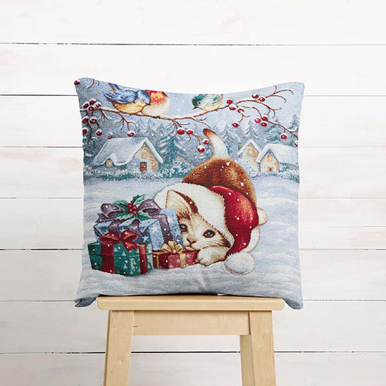 Dekopanel Gobelin Katze mit Geschenken – hellblau/karminrot,  image number 5