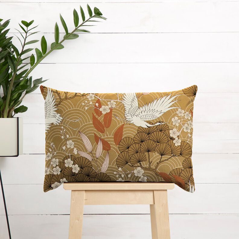 Dekostoff Canvas kunstvolle Kraniche – senf/elfenbein,  image number 6