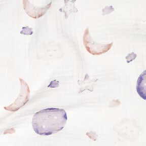 GOTS Musselin/ Doppel-Krinkel Gewebe Nachthimmel Digitaldruck | Poppy Fabrics – elfenbein/flieder, 