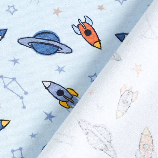 Baumwolljersey Raketen und Planeten – babyblau | Reststück 50cm