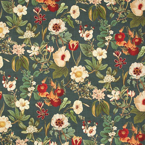 Dekostoff Canvas nostalgische Blüten – dunkelgrün | Reststück 50cm