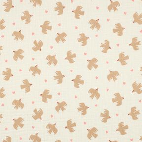 GOTS Musselin/ Doppel-Krinkel Gewebe Vögel und Herzen | Poppy Fabrics – wollweiss, 