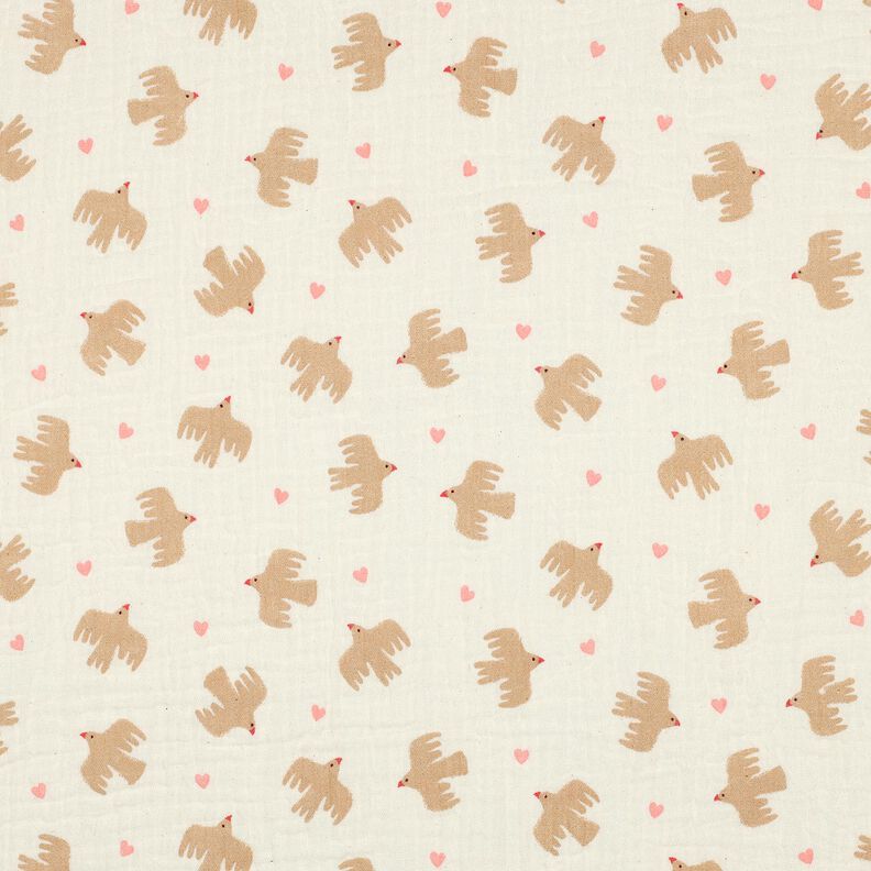 GOTS Musselin/ Doppel-Krinkel Gewebe Vögel und Herzen | Poppy Fabrics – wollweiss,  image number 1