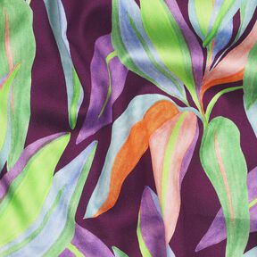 Baumwollsatin Blätter Digitaldruck | Poppy Fabrics – aubergine/hellgrün, 