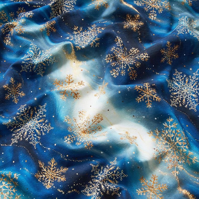 French Terry Sommersweat Schneeflocken Milchstraße | Glitzerpüppi – indigo/altgold, image number 2