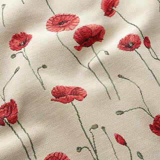 Dekostoff Gobelin Mohnblume – hellbeige/rubinrot, 
