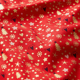 Baumwollstoff Popeline Herzen und Sterne – rot/gold, 