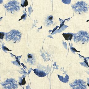 Viskose-Leinen-Mix Aquarellrosen – natur/marineblau, 