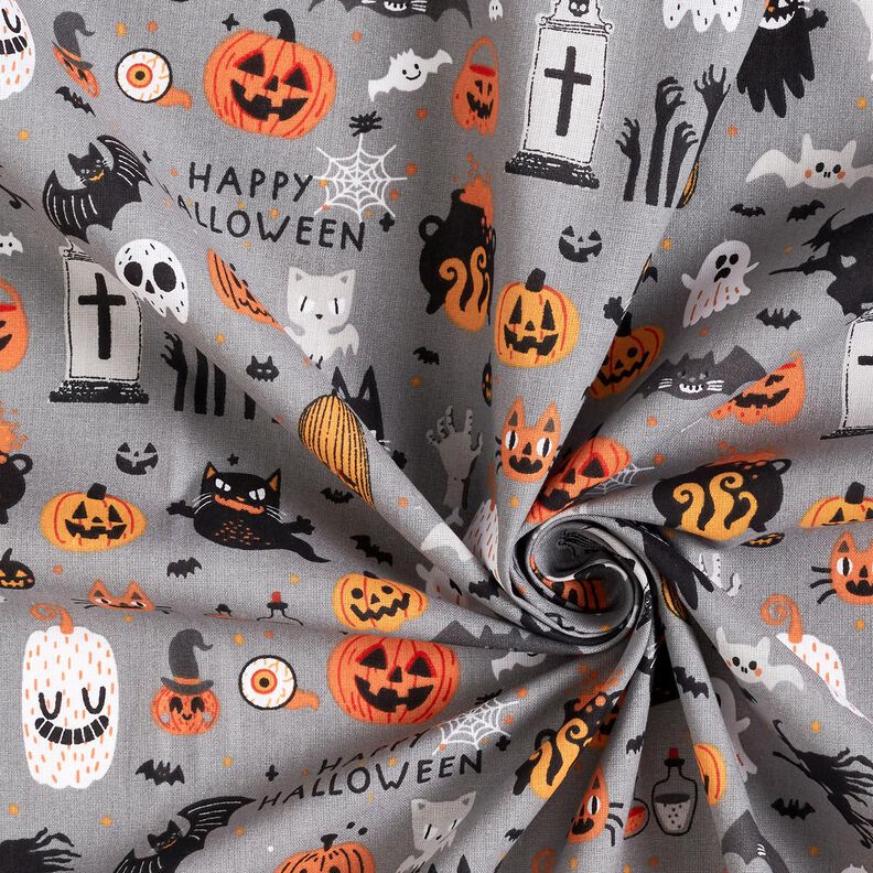 Baumwollstoff Popeline Happy Halloween – elefantengrau/hellorange,  image number 3