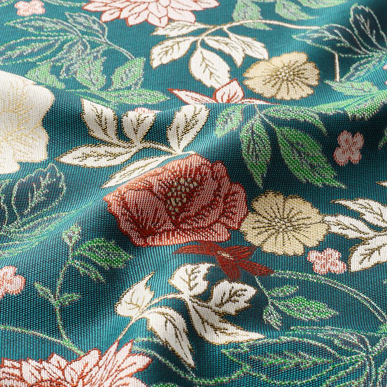 Dekostoff Jacquard Vintage Blumen – petrol/dunkelrot,  image number 2
