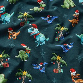 French Terry Sommersweat Weihnachtsdinosaurier unter Palmen | Glitzerpüppi – petrol/hellgrün, 