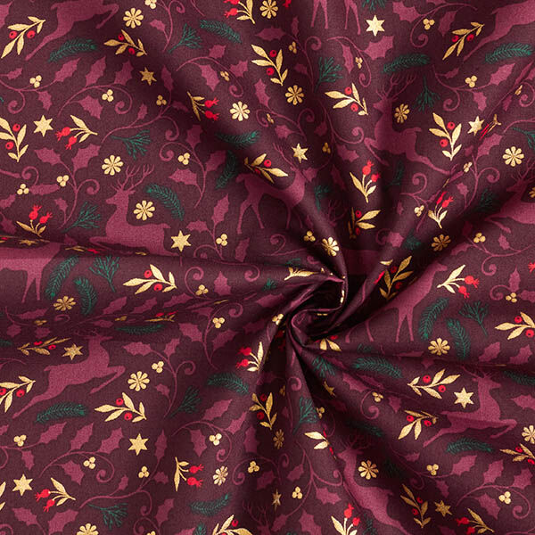 Baumwollstoff Popeline springende Hirsche – merlot/gold, image number 3