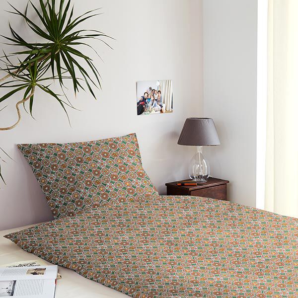 Baumwollstoff Cretonne Ethno Kreise – grün | Reststück 50cm