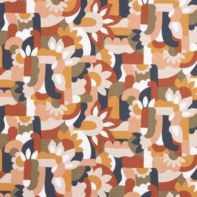 Dekostoff Halbpanama abstrakte Retro Blumen – weiss/kupfer, 