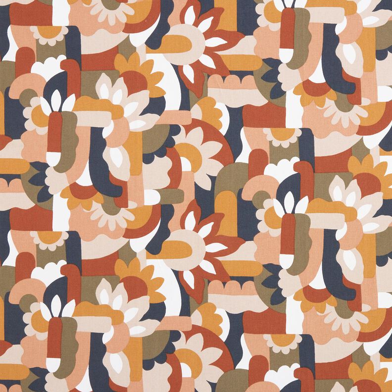 Dekostoff Halbpanama abstrakte Retro Blumen – weiss/kupfer,  image number 1