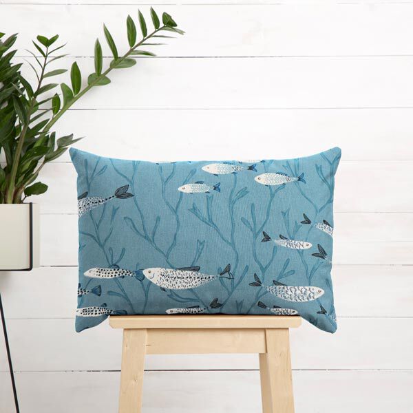 Dekostoff Halbpanama Fische – blaugrau | Reststück 100cm