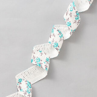 Fransenband Blumen [30 mm] – weiss/petrol, 