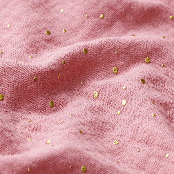 Baumwoll Musselin verstreute Goldtupfen – rosa/gold | Reststück 100cm