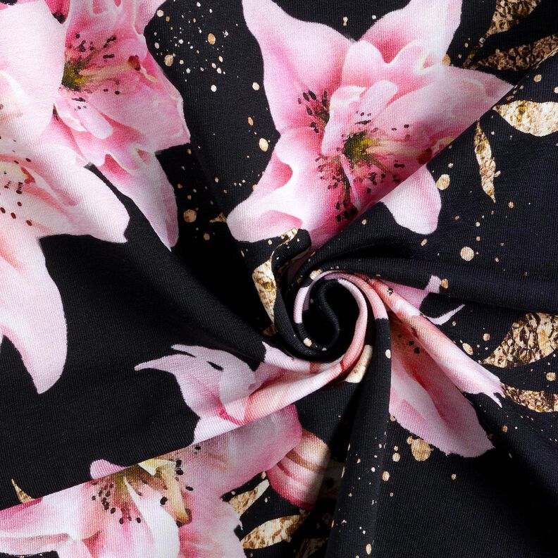 French Terry Sommersweat Bordürenstoff Lilien und Goldsprenkelblätter | Glitzerpüppi –,  image number 3