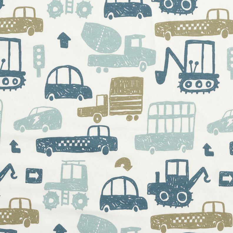 French Terry Sommersweat Skribbel Fahrzeuge &ndash; weiss/blau,  image number 1