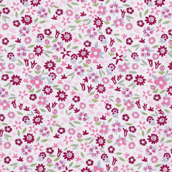 Baumwollpopeline zarte Blumenwiese – wollweiss/purpur | Reststück 50cm