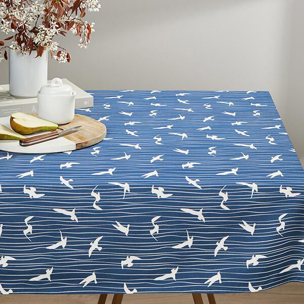 Dekostoff Halbpanama Möwen – ozeanblau/weiss | Reststück 100cm