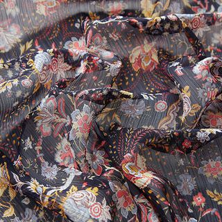 Crêpe Chiffon mit Glanz-Streifen Retroblumen – schwarz, 