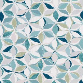 Viskosestoff geometrisches Blumenmuster – weiss/aquablau, 