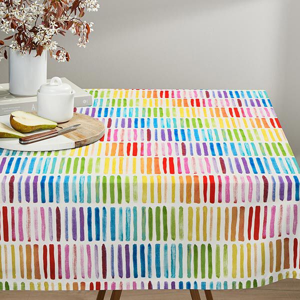 Dekostoff Halbpanama Regenbogenstreifen – weiss | Reststück 100cm