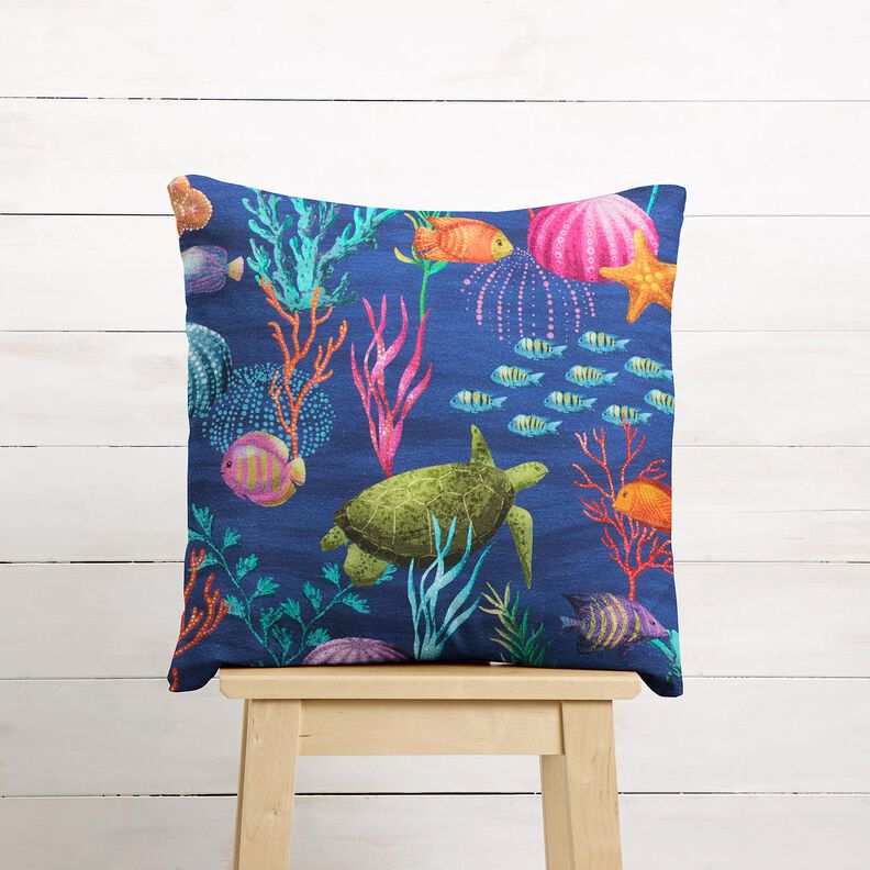 Dekostoff Halbpanama bunte Unterwasserwelt – marineblau/türkis,  image number 8