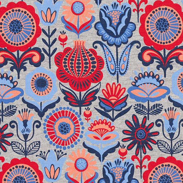 French Terry Sommersweat Folklore Blumenwiese – silbergrau/feuerrot | Reststück 50cm