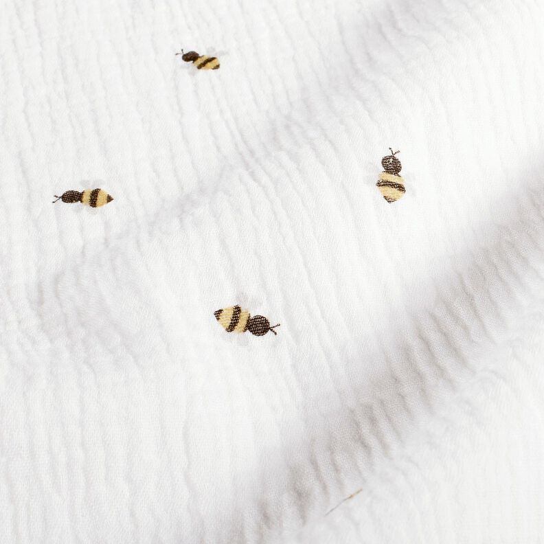 Musselin/ Doppel-Krinkel Gewebe Bienchen – wollweiss/gold,  image number 2
